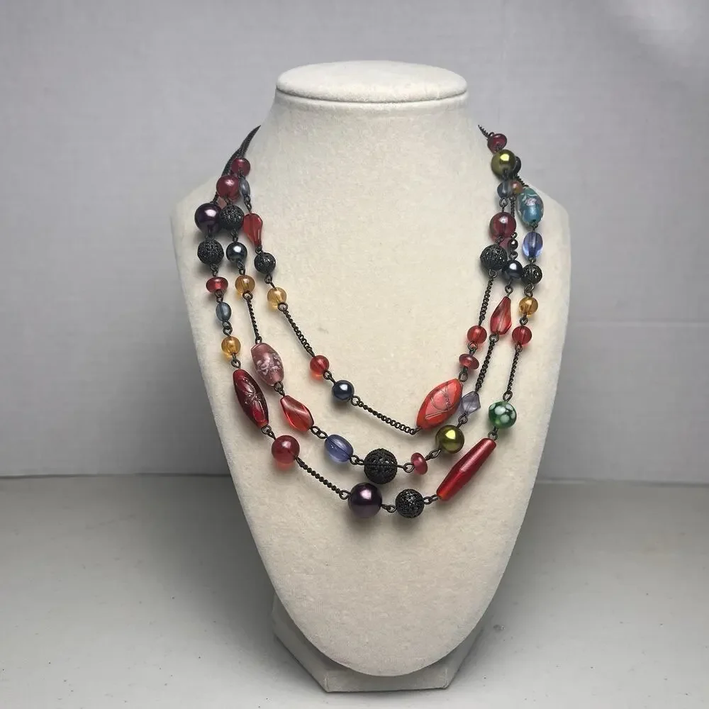 Avon Multicolored Layered Beaded Necklace Colorful Floral Adjustable 17-21